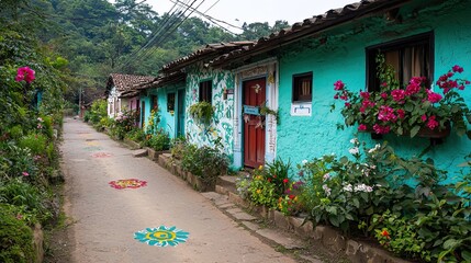 Obraz premium Colorful homes in a flower-covered village
