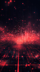 Obraz premium Digital binary code forming a vibrant futuristic cityscape, illuminated by red glowing particles and intricate lines, exuding innovation and technology