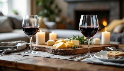 Obraz premium Red Wine and Cheese Platter in a Cozy Candlelit Setting