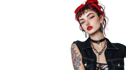 A stylish young woman with bold makeup and vibrant hair poses confidently, showcasing her edgy fashion and unique personality.
