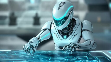 A dynamic representation of a sleek robot working in a high tech factory with glowing robotic arms assembling products