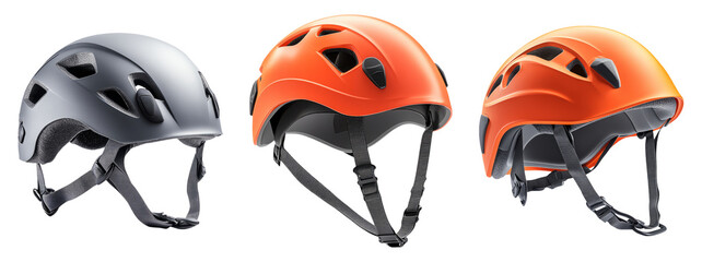 Naklejka premium Three Distinctive Safety Helmets for Sports and Outdoor Activities