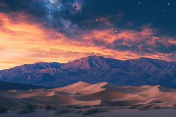 Fototapeta premium Desert Landscape with Stunning Sunset and Starry Sky