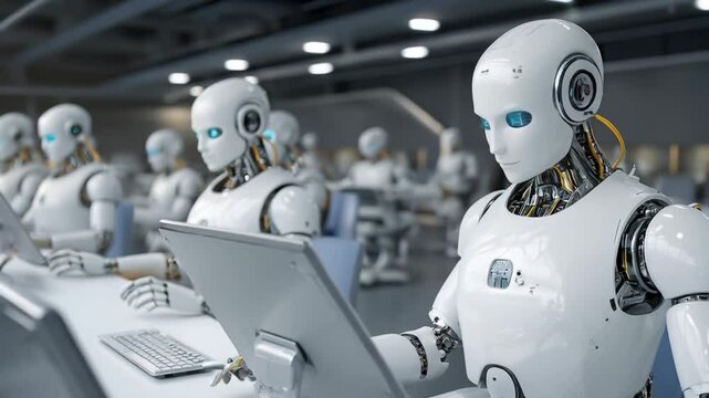 A futuristic factory filled with humanoid robots assembling high-tech gadgets, working seamlessly with AI-controlled machinery under bright, clean lights