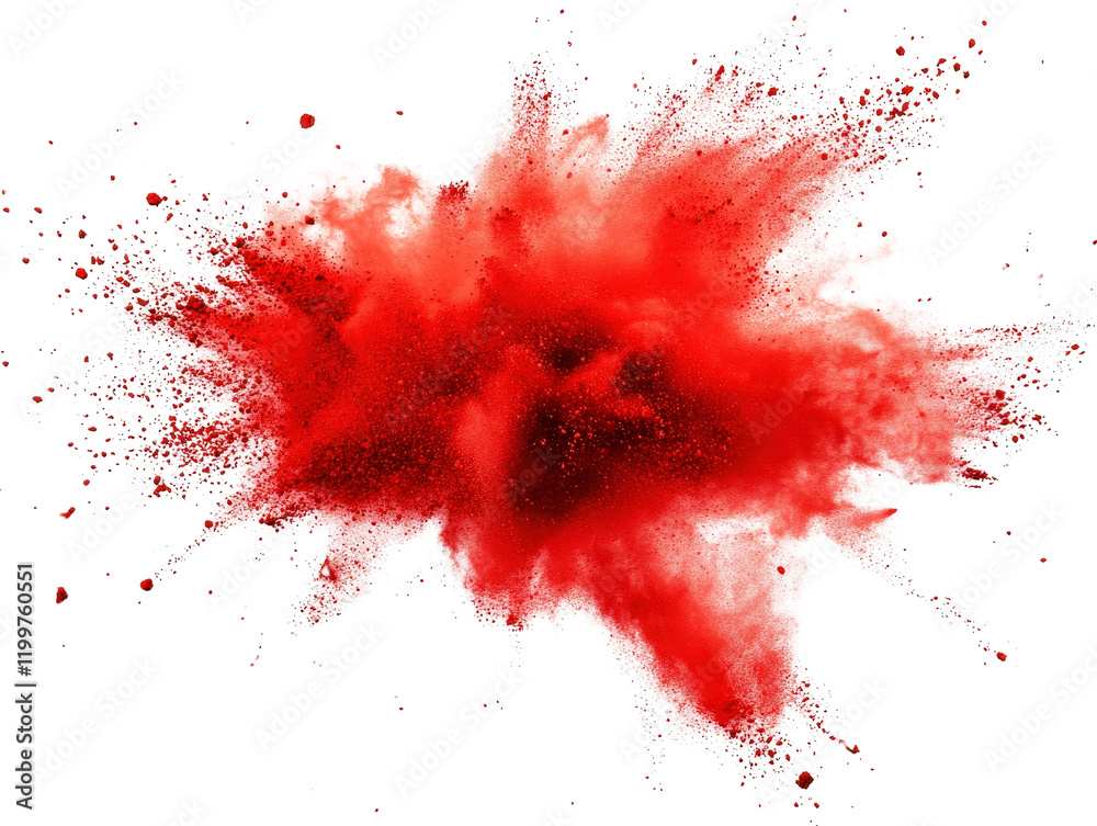 Poster red powder explosion creating a vibrant cloud of color against a white background in a dynamic visua