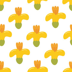 Seamless pattern with daffodil flowers. Floral vector flat background in hand drawn naive style