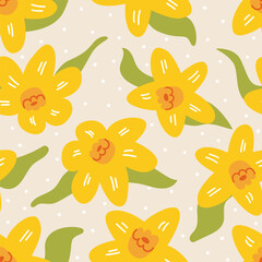 Seamless pattern with daffodil flowers. Floral vector flat background in hand drawn naive style