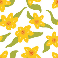 Seamless pattern with daffodil flowers. Floral vector flat background in hand drawn naive style