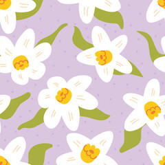 Seamless pattern with cute daffodil flowers. Floral vector flat background in hand drawn naive style