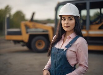 A woman in a hard hat and overalls stands before a construction vehicle
