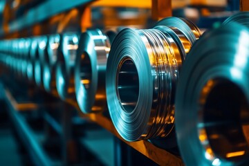Obraz premium Industrial Steel Coils in Warehouse Displaying Shiny Surface and Glimmering Reflection in Light