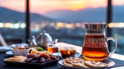 A beautifully set table with tea, dates, pastries, and snacks against a sunset backdrop.