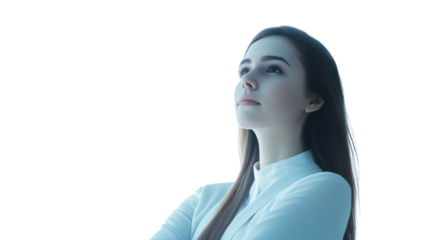 A confident young woman gazing thoughtfully upwards, embodying ambition and inspiration against a clean, isolated backdrop.