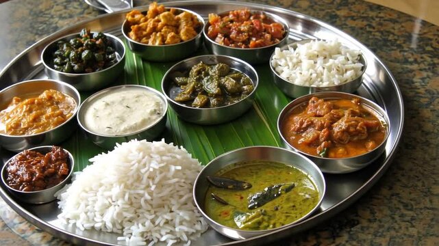 South Indian Thali Feast: A vibrant spread of South Indian delicacies, served on a traditional thali, featuring rice, various curries, chutneys, and side dishes. A culinary journey for the senses.