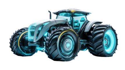 Futuristic tractor with blue neon accents, showcasing advanced technology in agriculture, isolated on a white background.
