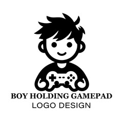  Minimalist Boy Holding Gamepad Logo Design for Gaming Brands, E-Sports Teams, and Video Game Enthusiasts Featuring Clean Black and White Style