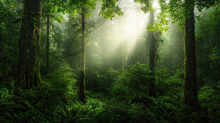 Obraz premium Sunlight breaking through trees in forest
