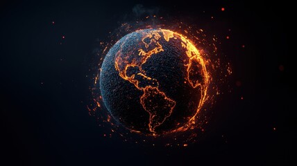 Global warming carbon crisis concept. A glowing, fiery globe representing Earth amidst a dark background, symbolizing energy and transformation.