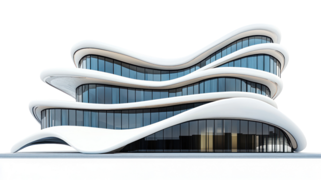 A modern architectural marvel featuring fluid, wavy lines and expansive glass windows, set against a white isolated background.