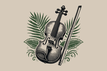 Classical violin surrounded by tropical leaves in vintage engraving style © Victoria
