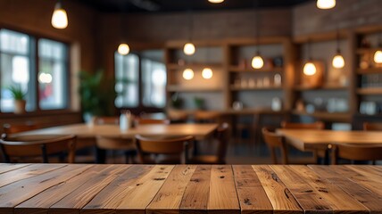 Wooden board empty table in front of blurred background. Perspective brown wood over blur in coffee shop - can be used for display or montage your products.Mock up for display of product