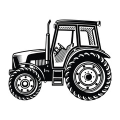 Detailed black and white illustration agricultural machinery side view of a tractor