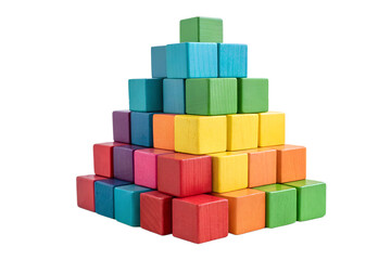 Building blocks arranged in a pyramid on transparent background, kid's educational toy set, colorful blocks