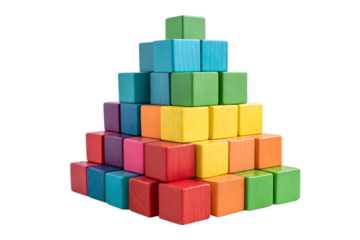 Building blocks arranged in a pyramid on transparent background, kid's educational toy set, colorful blocks