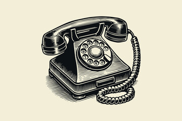 Vintage rotary phone in black and white engraving style vector art