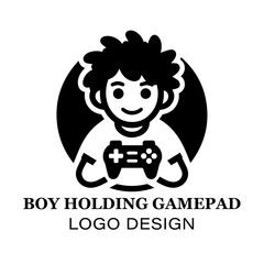  Minimalist Boy Holding Gamepad Logo Design for Gaming Brands, E-Sports Teams, and Video Game Enthusiasts Featuring Clean Black and White Style