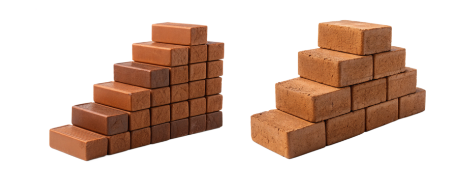 Brown construction bricks on transparent background, masonry material, classic building brick design