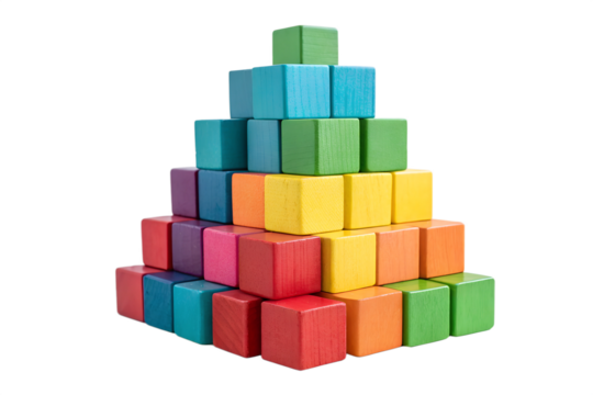 Building blocks arranged in a pyramid on transparent background, kid's educational toy set, colorful blocks
