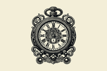 Vintage clock with intricate details in bold black-and-white engraving