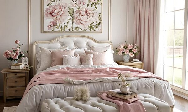 Elegant bedroom interior with floral decor and soft lighting