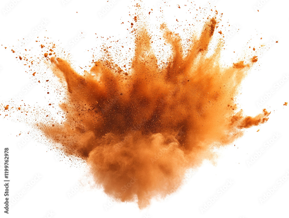 Poster brown powder explosion creating dynamic clouds and particles in motion on a dark background isolated