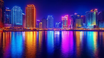 Fototapeta premium A modern city with neon lights and colorful skyscrapers reflecting on a sparkling river at night.