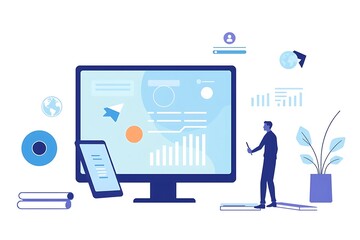 Fototapeta premium Digital Insights: A man stands in front of a computer screen, analyzing data charts and graphs, symbolizing modern business intelligence and data-driven decisions.