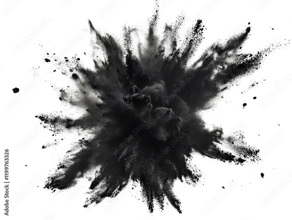 Poster black and white explosion of powder creating dynamic and abstract patterns in mid-air isolated on a 