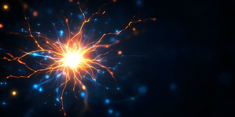 Fototapeta premium A bright explosion of light and energy with glowing lines and particles, resembling a star or a burst of electricity. Concept Bright Light Explosion, Glowing Energy Lines, Star-like Burst