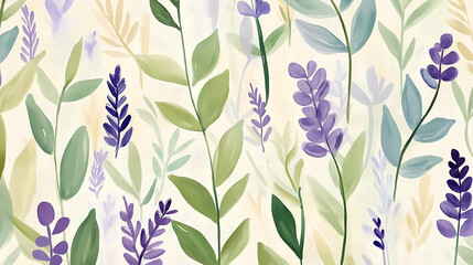 Purple flowers and green leaves, fabric pattern background