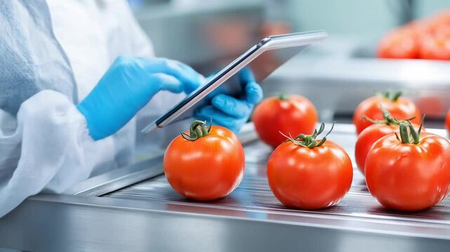 A quality control inspector in a protective mask and gloves inspecting ripe tomatoes on a conveyor belt, using a tablet to log data in a sterile food processing plant