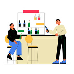 Two Friends At Bar In Flat Vector Illustration Symbolizing Relaxation, Social Interaction, And Leisure, Isolated On White Background.