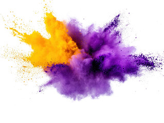 Obraz premium Purple and yellow powder explosion creating colorful cloud on white background isolated on a white background.