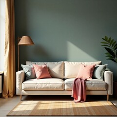 Cozy living room with a modern sofa, cushions, and warm lighting for relaxation.
