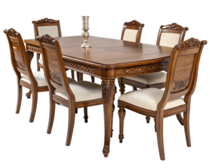 Elegant wooden dining table with matching chairs on transparent background, contemporary dining design