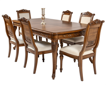 Elegant wooden dining table with matching chairs on transparent background, contemporary dining design