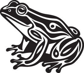 A black and white illustration of a stylized frog