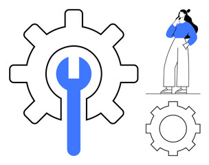 Woman contemplating, large gear with wrench at center symbolizes technical problem-solving, user experience. Ideal for innovation, mechanics, technology, engineering, maintenance, user interaction