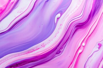 Naklejka premium Abstract Purple and Pink Fluid Art - Swirling mix of purple, pink, and white paint creates a beautiful abstract background. Ideal for design projects.
