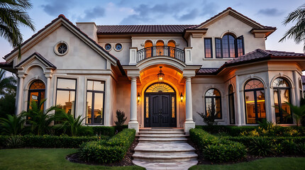 Obraz premium Magnificent Mediterranean-Style Mansion: Luxury Real Estate at its Finest. This breathtaking home boasts exquisite architecture, elegant design, and stunning landscaping.